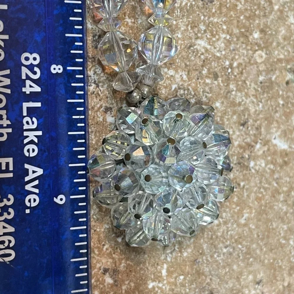 REPURPOSED vintage BROOCH clear faceted crystal glass bead NECKLACE artisan made - Picture 8 of 8